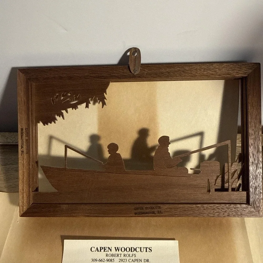 Handcrafted Woodcut Original Wall Hanging  Silhouette Picture Fishing Boat Scene